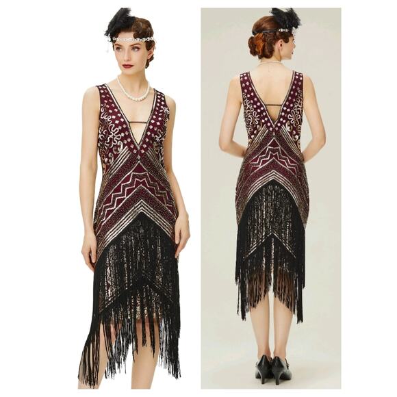 Babeyond Dresses & Skirts - 3792) Babeyond 1920 Flapper  V neck Sequins Fringe Dress Large